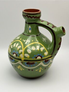 Vtg., 1965, MSSR*, Russian Folk Art, Red ware, Ceramic, Green Painted Water Jug